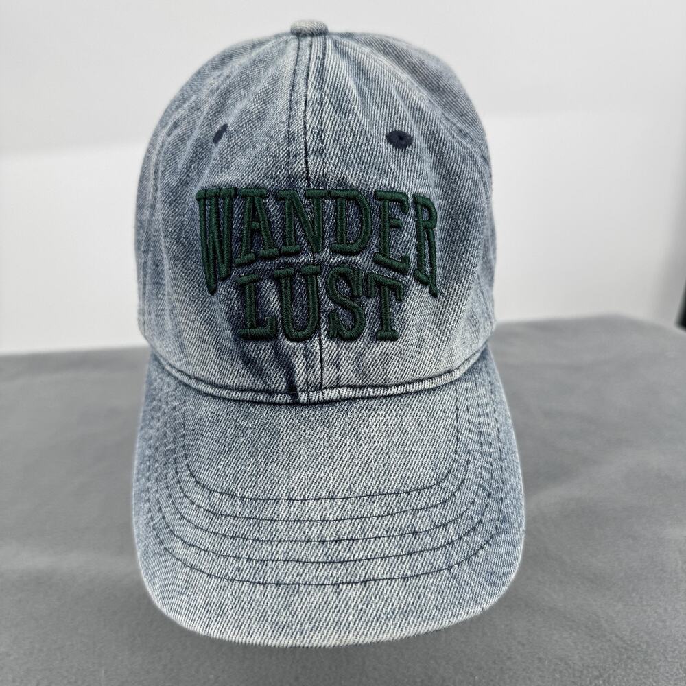 WanderLust Denim Hat Cap Strap Back Mens‎ One Size Blue Embroidered Dad Cap